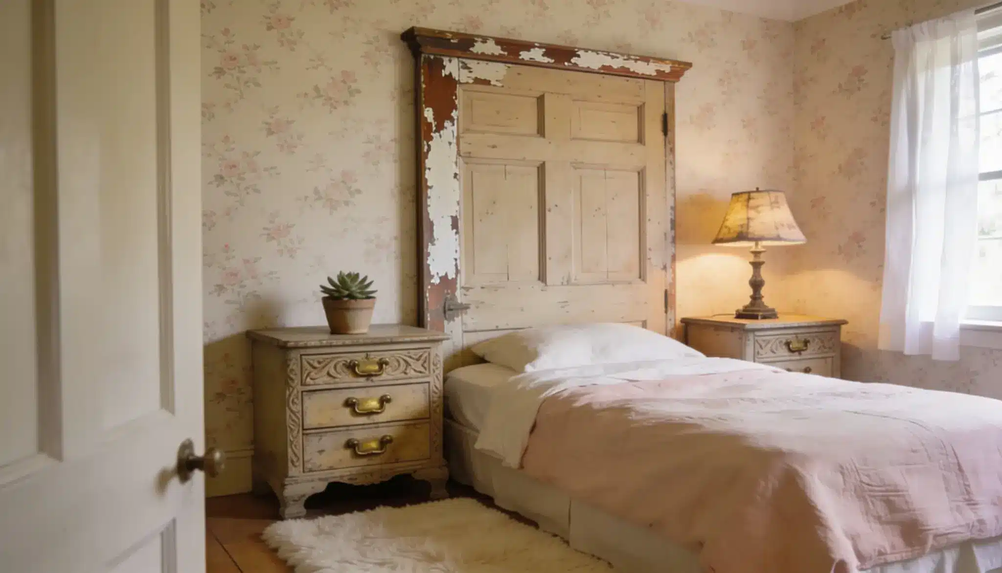 Vintage wooden door repurposed in a charming cottage bedroom with floral wallpaper, antique nightstands, and soft pink bedding