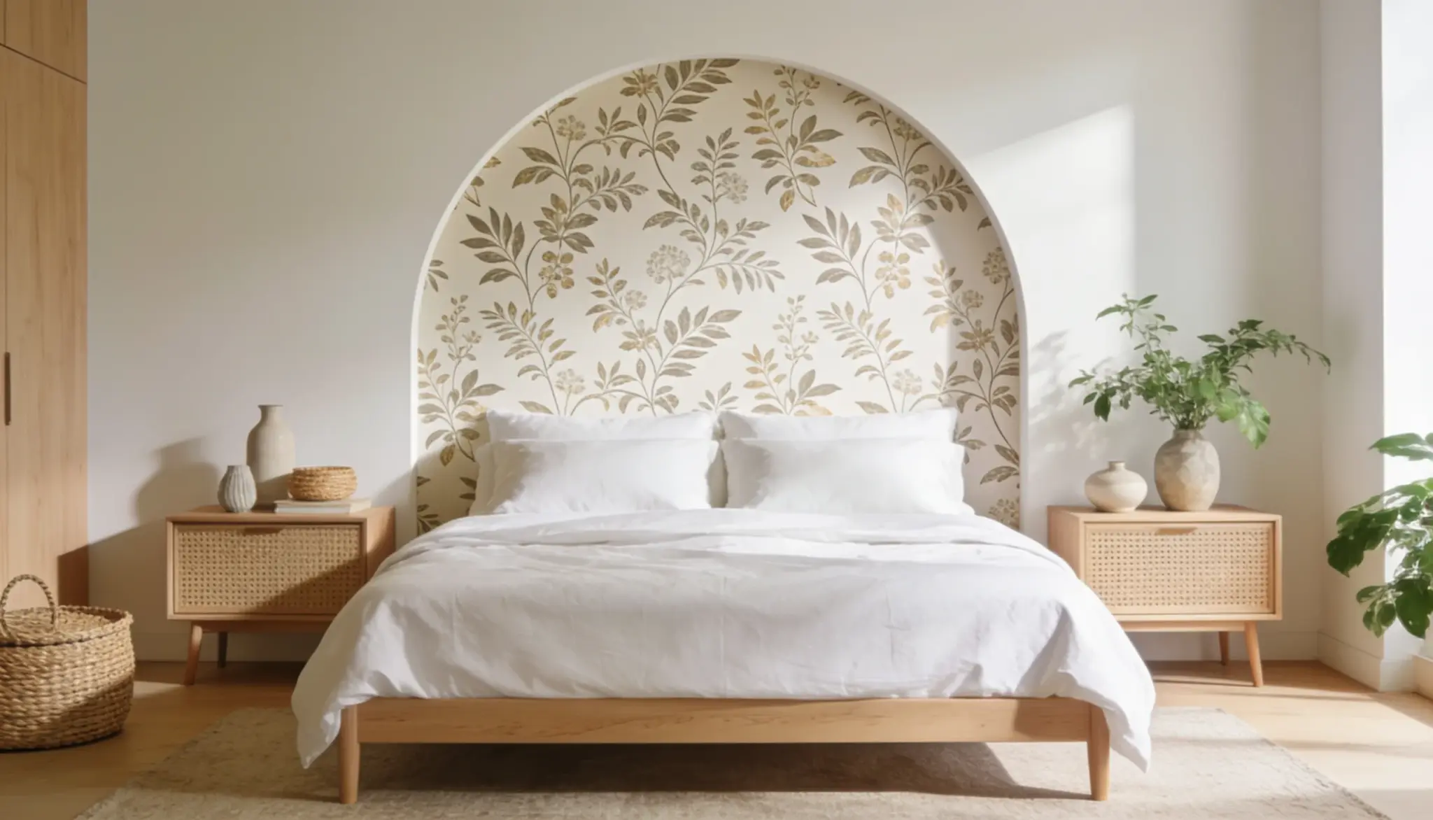 DIY wallpaper accent headboard with a botanical arch design behind a wooden bed, white linen bedding, cane nightstands, and bright natural sunlight.