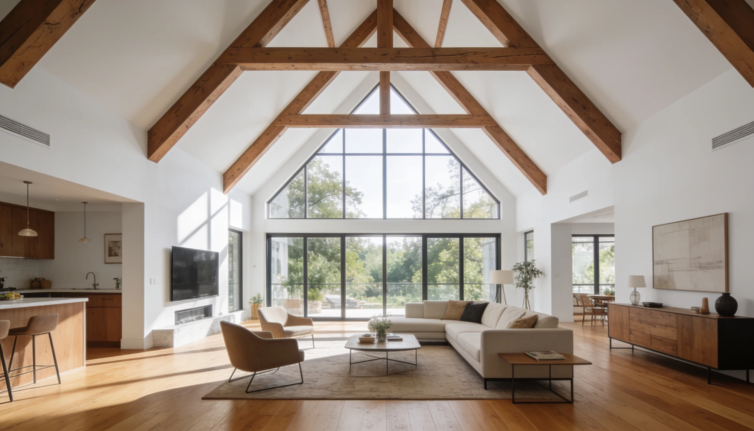 Cathedral ceiling with exposed wood beams and large windows