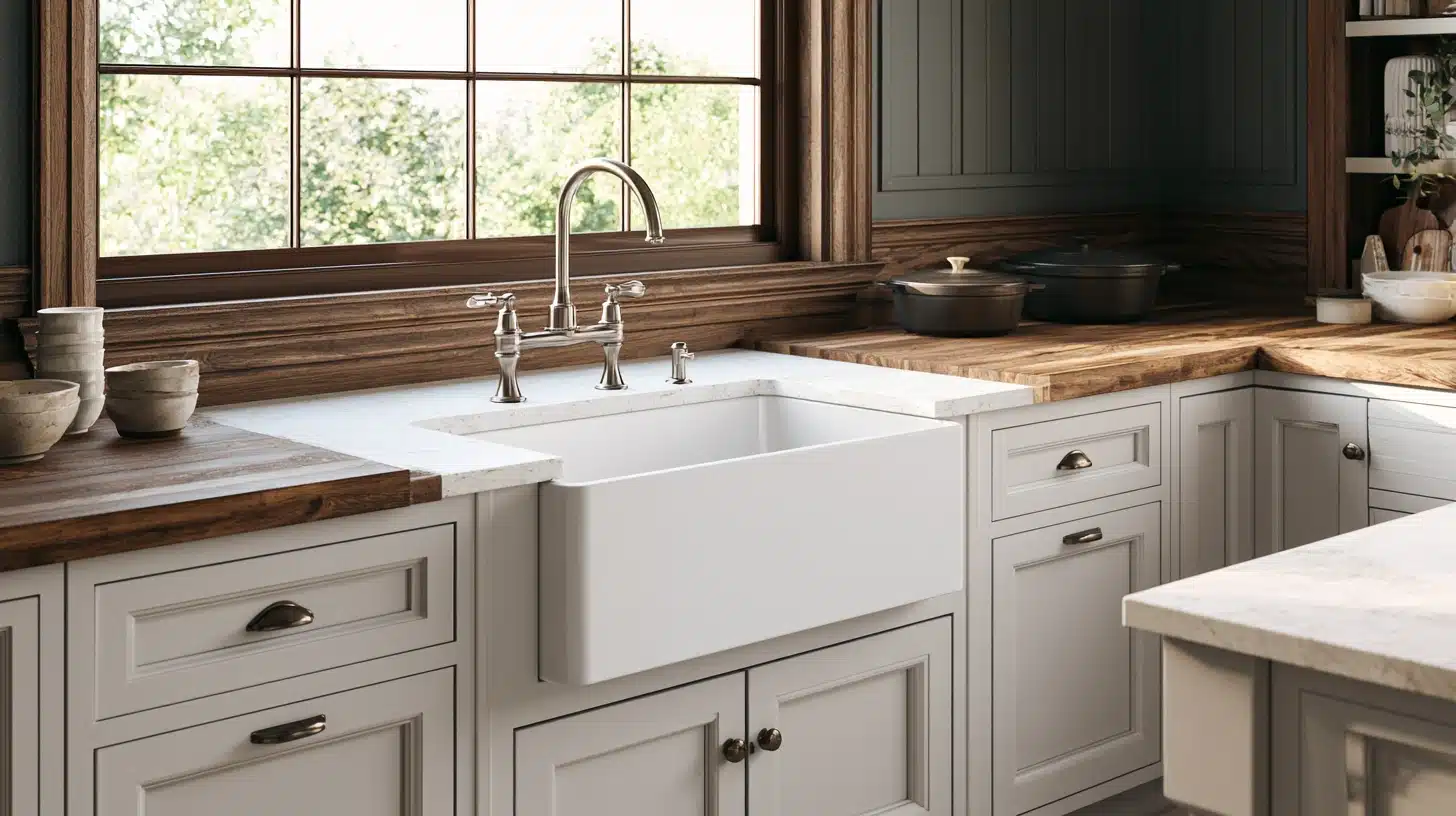 White farmhouse sink in a traditional kitchen