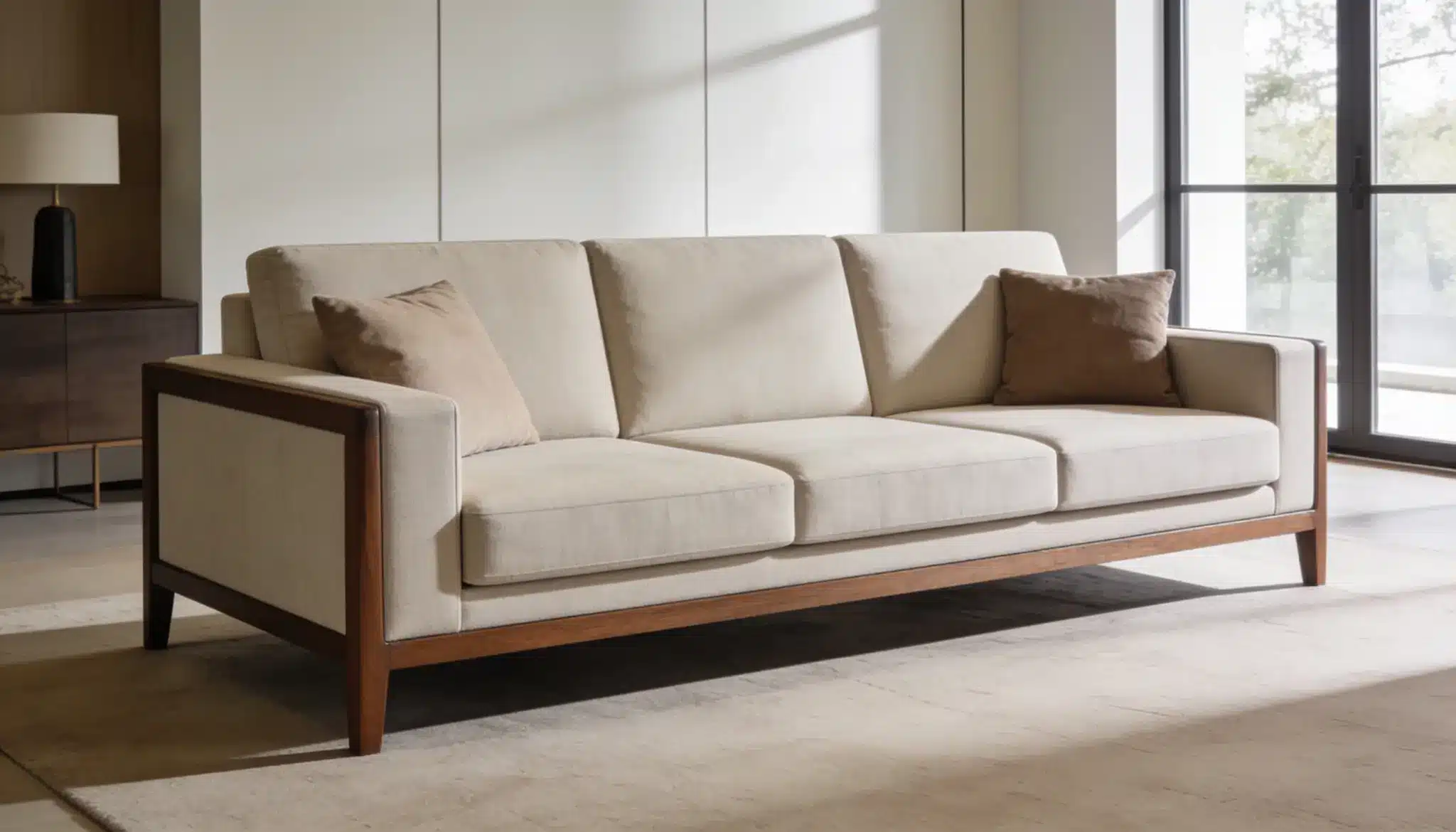 Beige three seat sofa with wooden frame in a modern living room