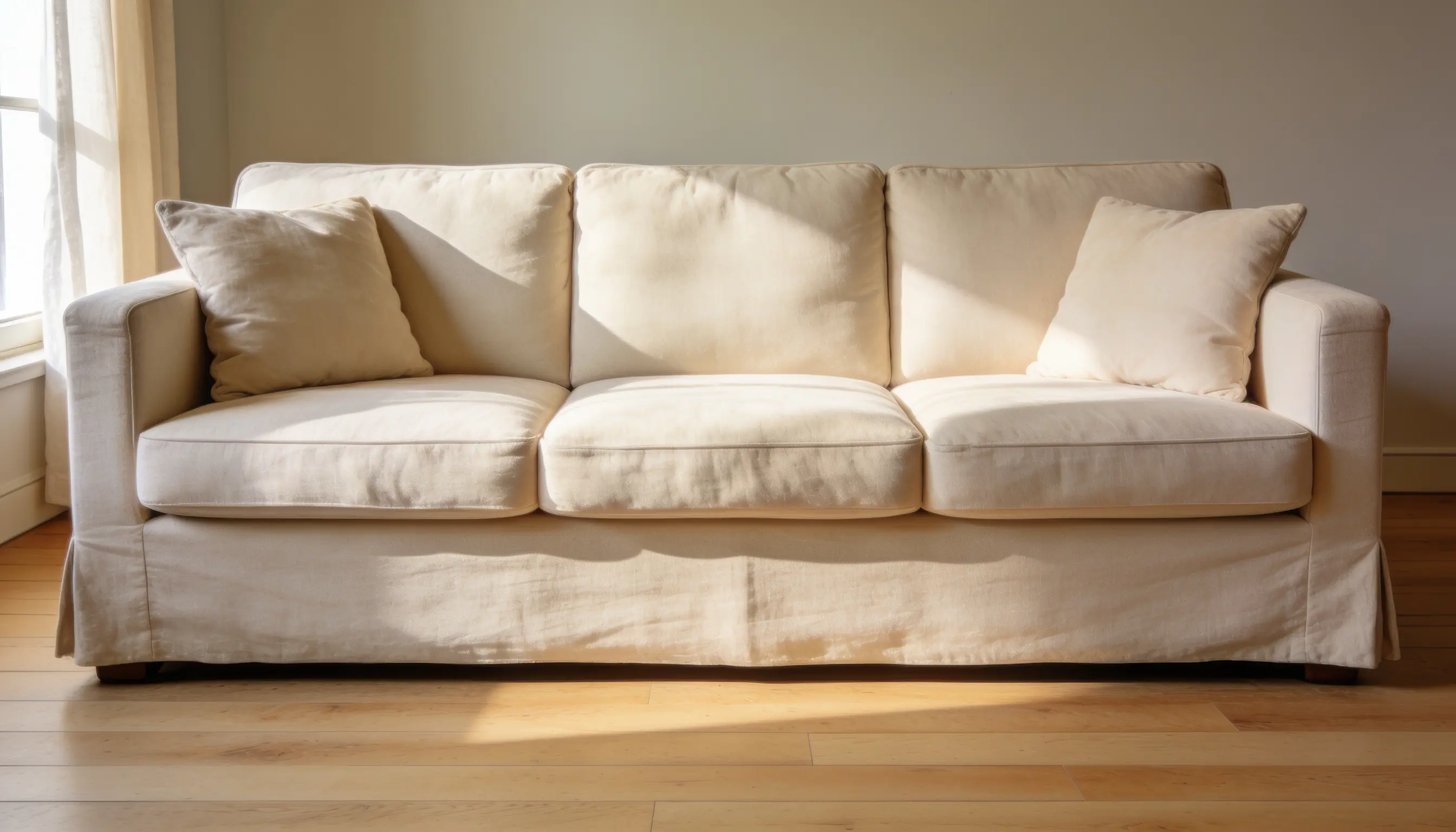 A beige sofa positioned in front of a large window, allowing natural light to illuminate the room.