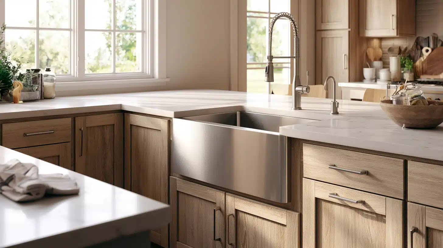 Stainless steel apron front sink in a modern kitchen