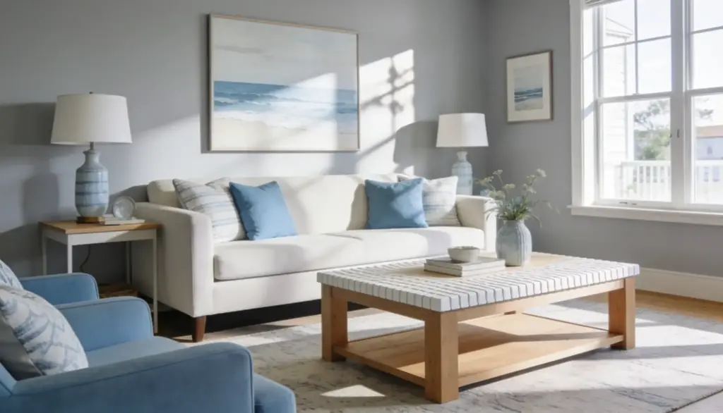 A living room featuring Boothbay Gray paint complemented by blue furniture and a matching blue rug.
