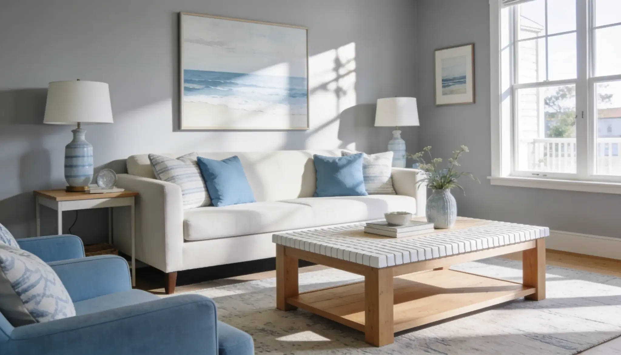 A living room featuring Boothbay Gray paint complemented by blue furniture and a matching blue rug.