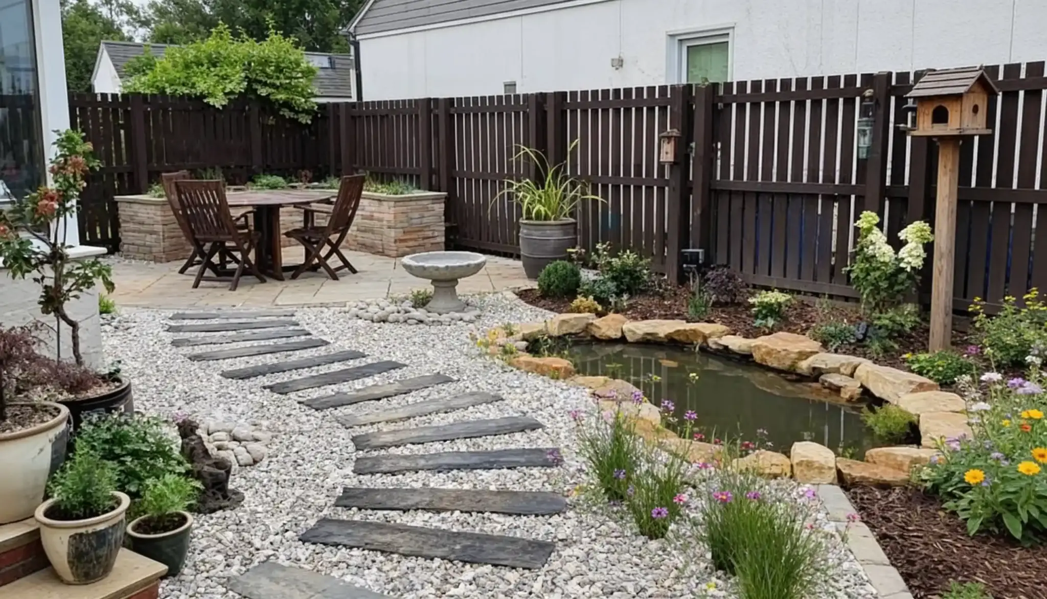 Serene backyard garden with a stone-lined pond, stepping stone path, patio dining set, and birdhouse.