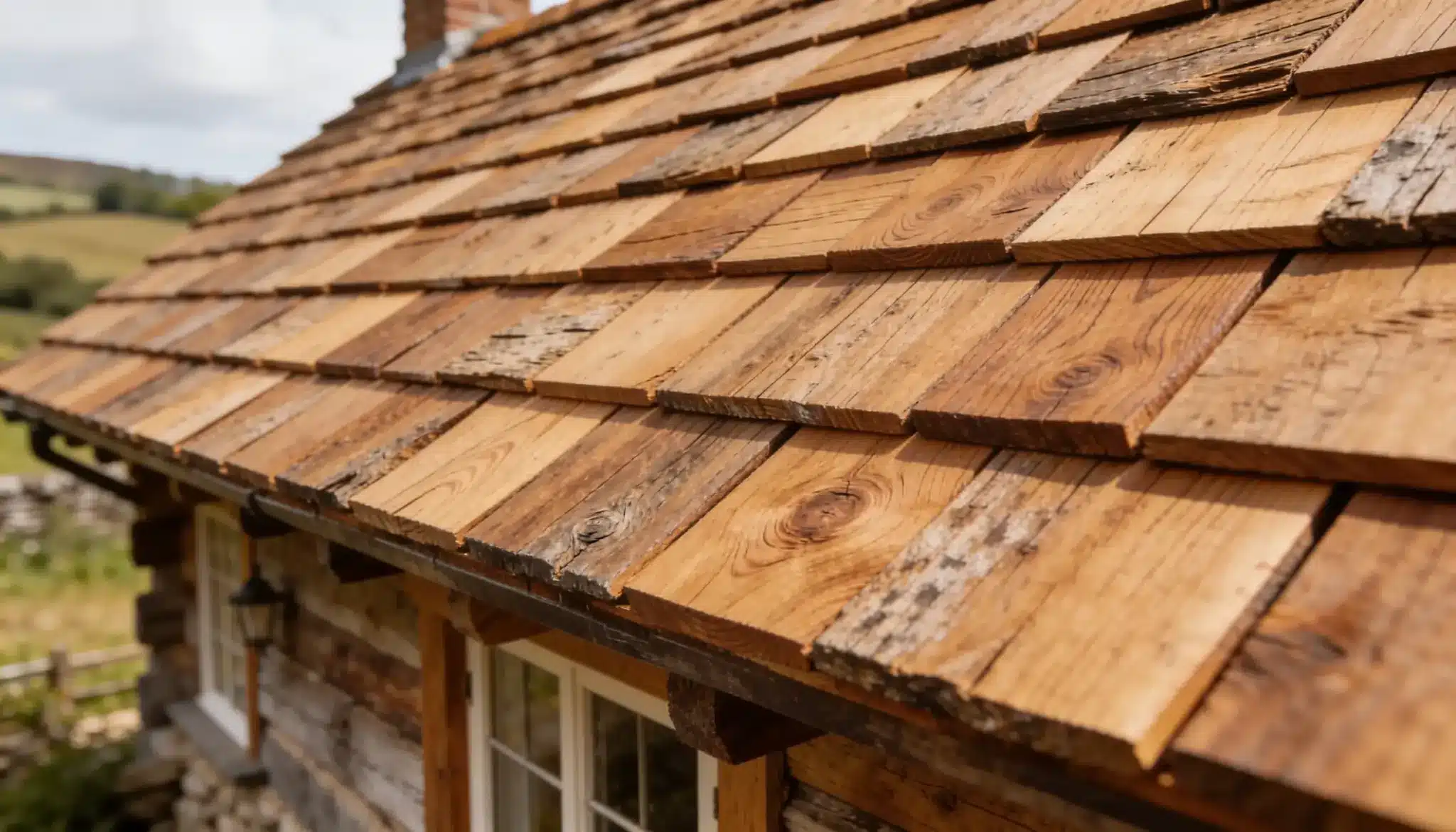 Cedar wood shingle roof with natural weathered texture