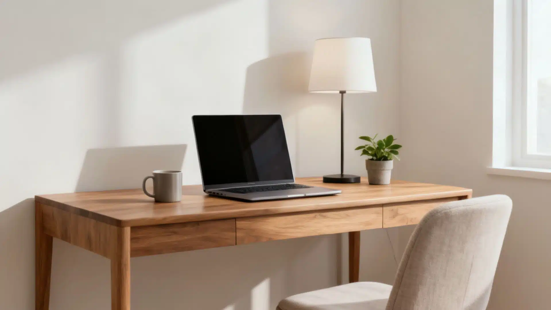 A wooden desk with a laptop, mug, lamp, and potted plant sits next to a window with a chair in the foreground.