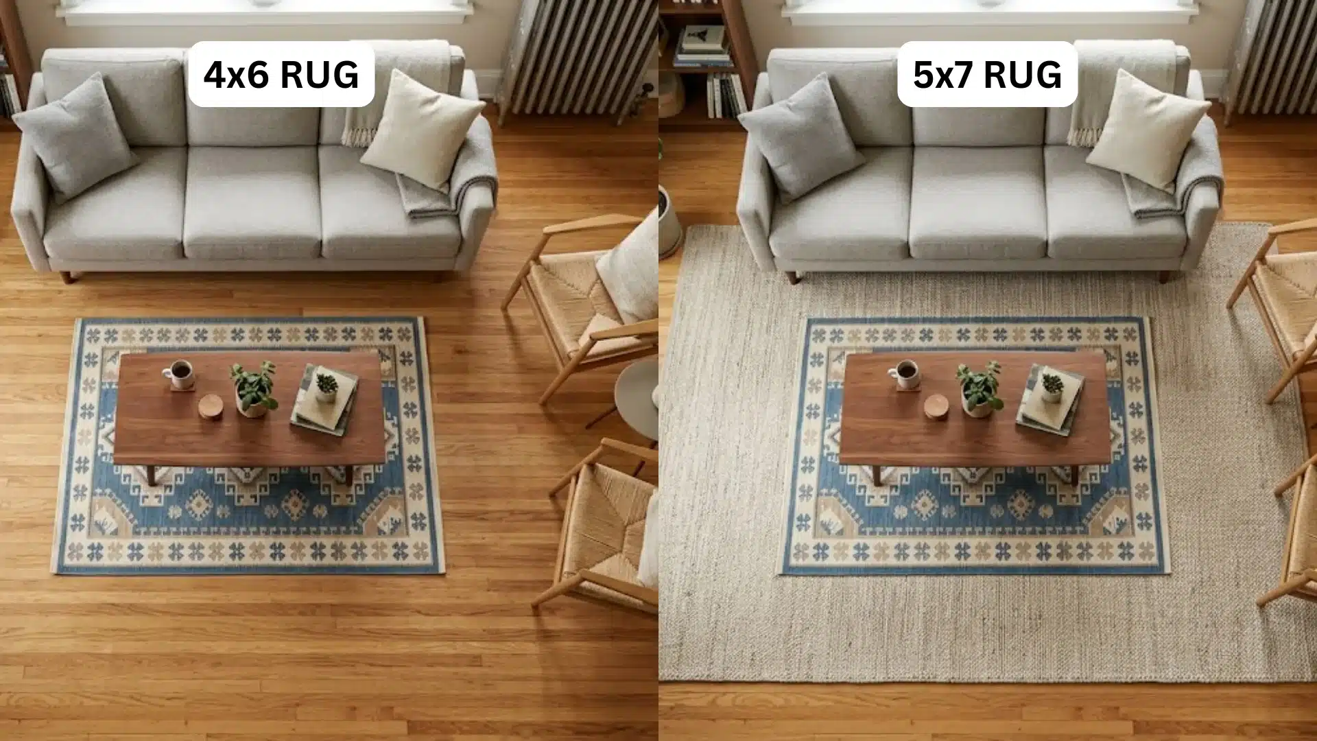 4x6 and 5x7 rugs compared in living rooms with different floor coverage