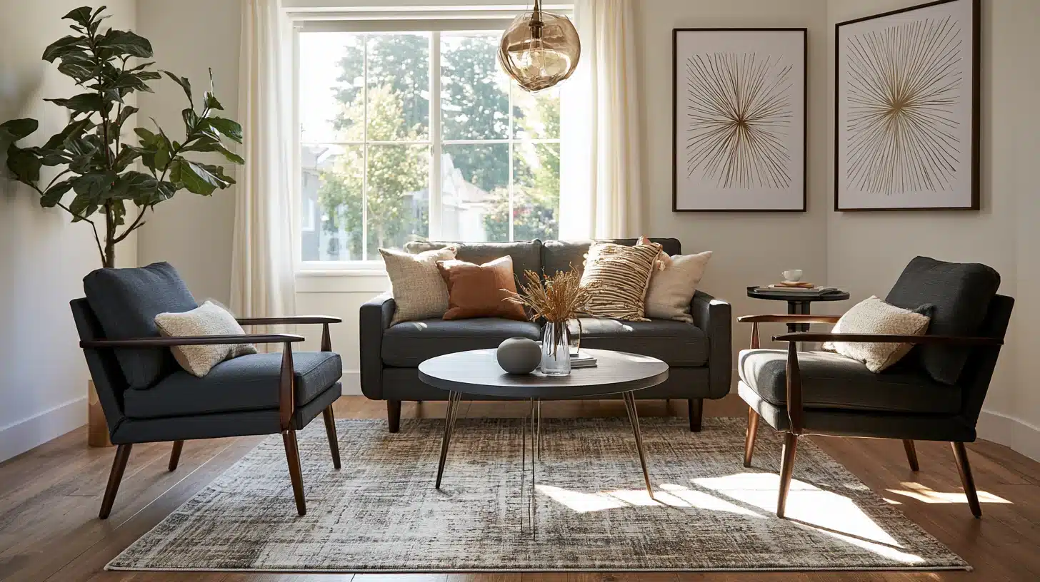 4x6 area rug anchors a sofa and two chairs in a small living room