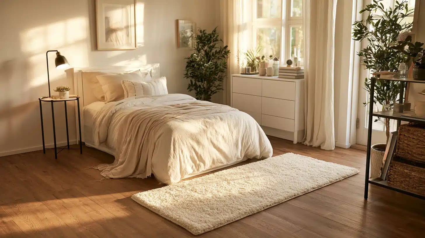 4x6 cream rug placed beside a bed in a sunlit compact bedroom