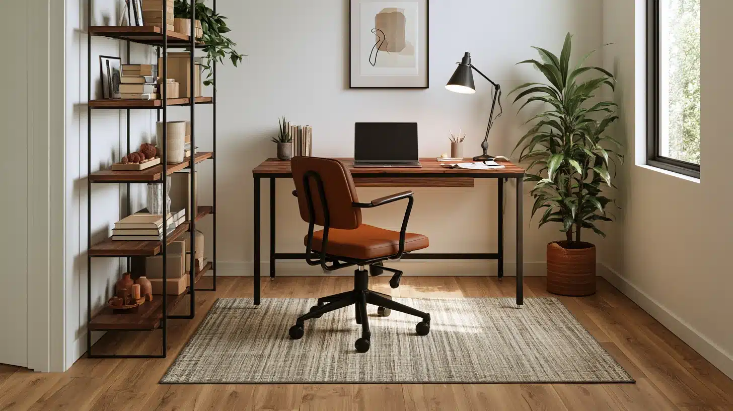 4x6 neutral rug beneath a desk and rolling chair in a home office