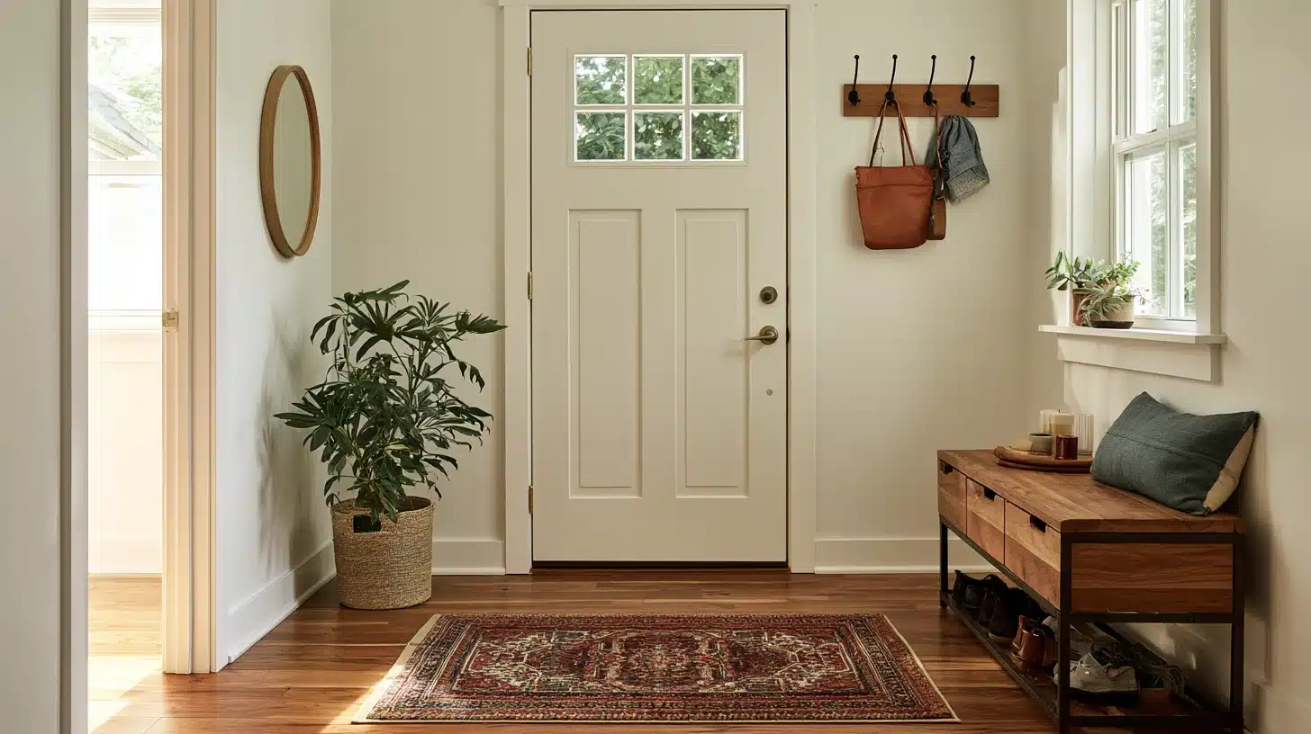 4x6 patterned rug centered in a bright entryway with bench and plants