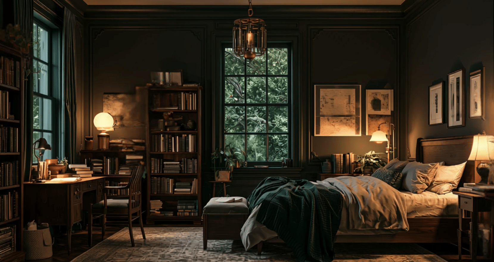 Dark academia bedroom with deep green walls, bookshelves, wooden furniture, layered bedding, vintage lighting, and a classic study desk