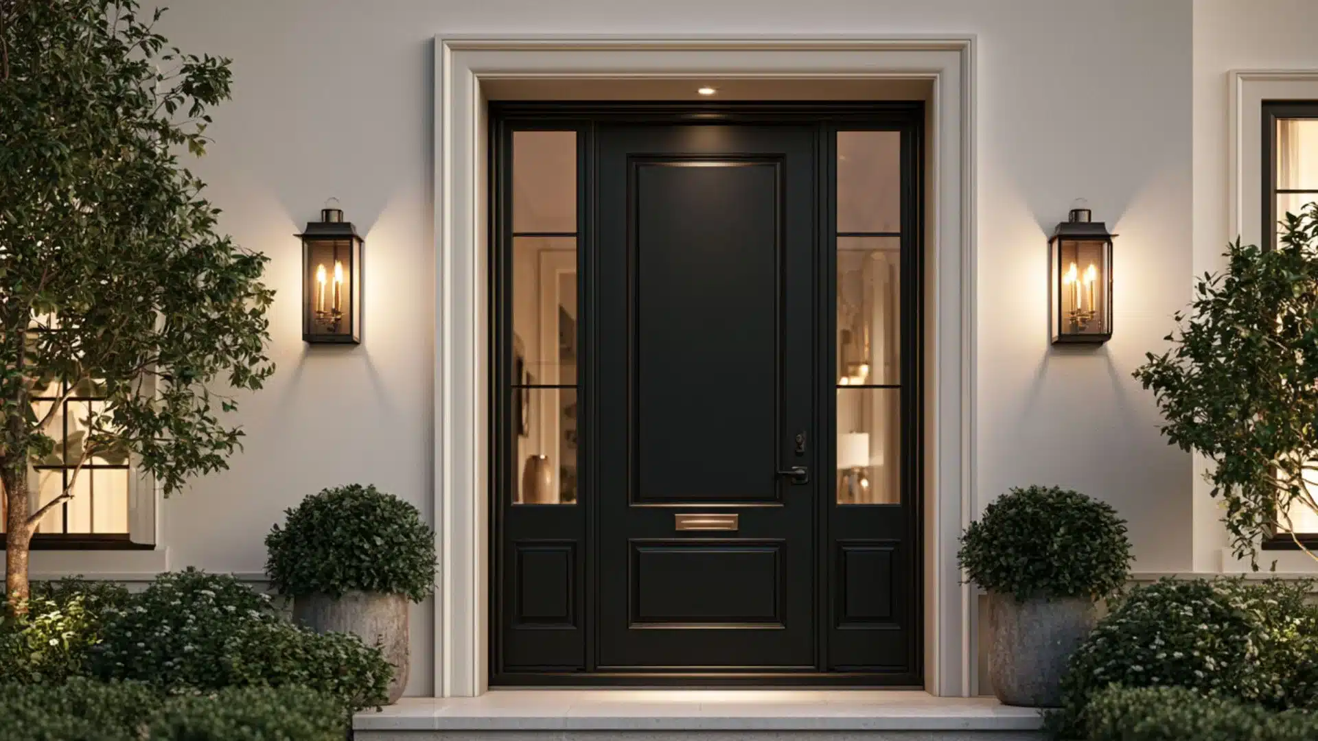 A black front door flanked by two green potted plants, creating an inviting entrance to a home.