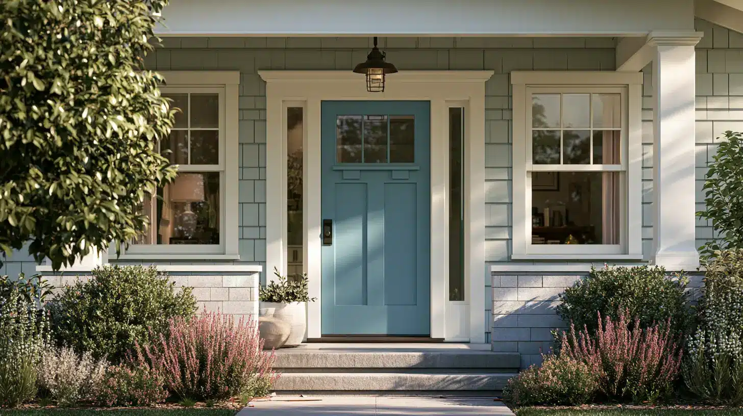 A blue front door with white trim, adorned with colorful flowers on either side, welcoming visitors.