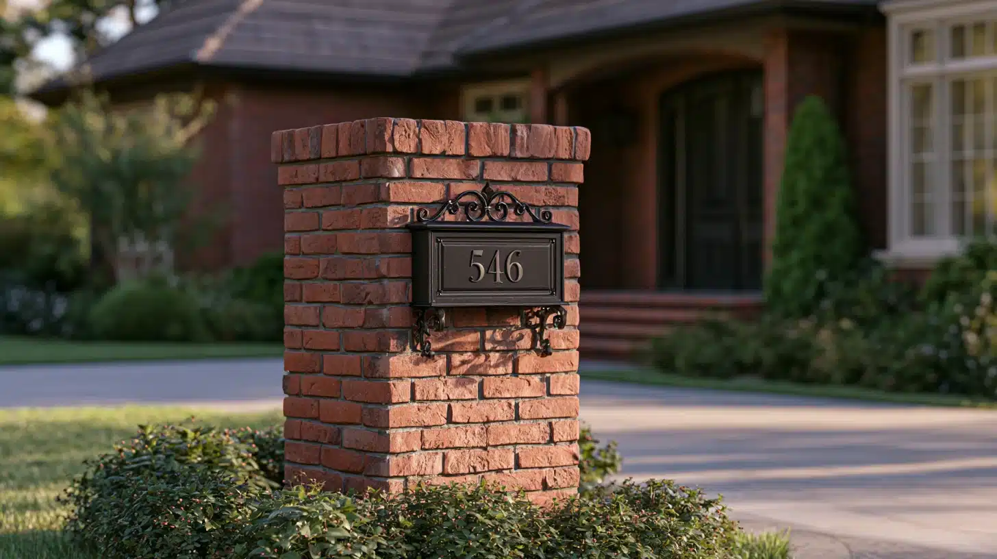 A brick mailbox adorned with wrought iron accents and a visible sign on its surface.