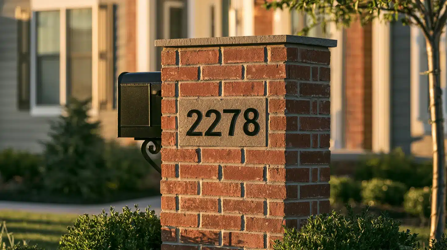 A brick mailbox featuring a prominent address plaque displaying the house number clearly.