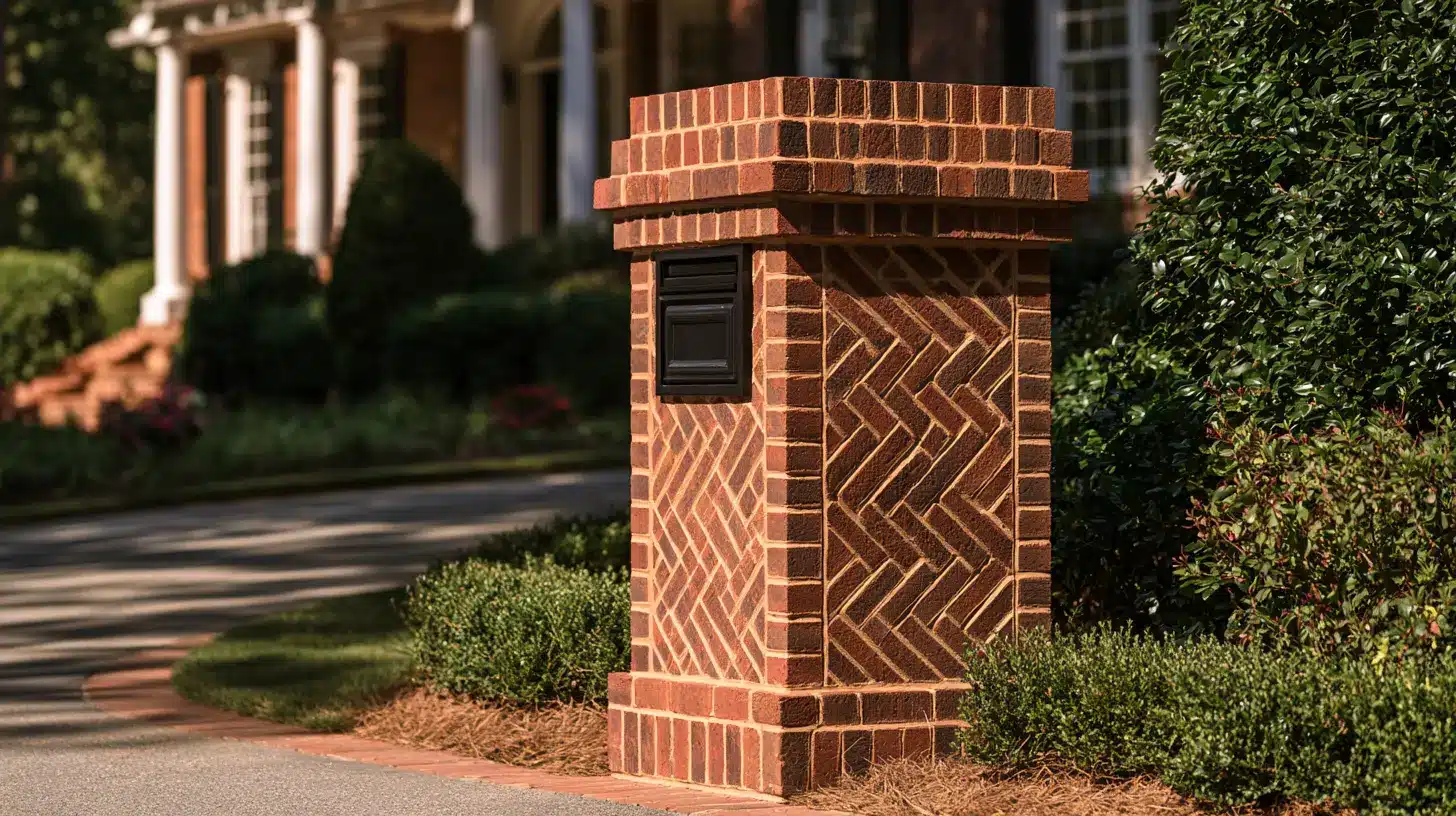 A brick mailbox featuring decorative patterns stands in front of a residential house.