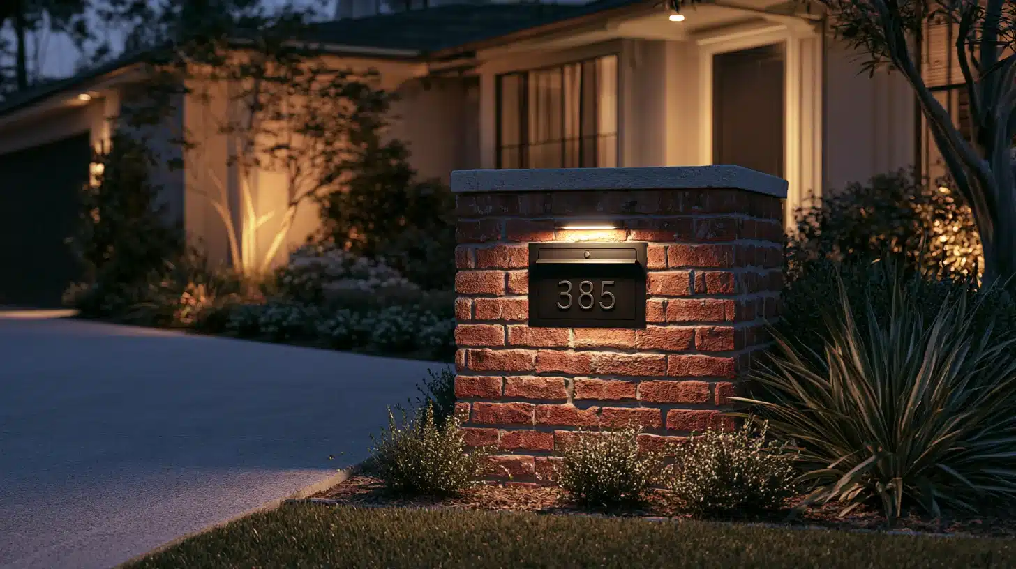 A brick mailbox featuring integrated lighting, providing illumination for easy visibility at night.