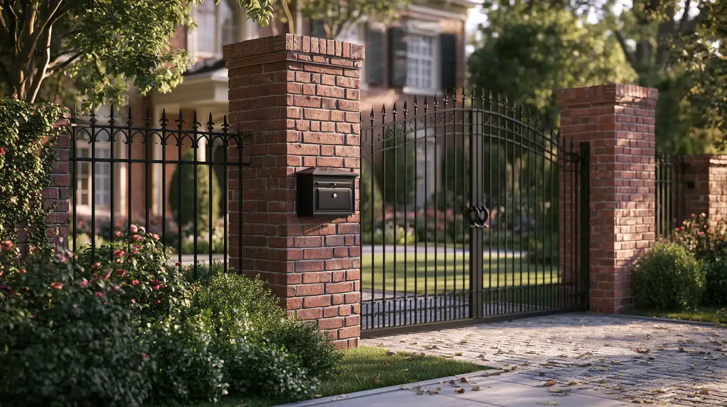 A brick mailbox integrated into a brick gate column, surrounded by a sturdy brick wall.