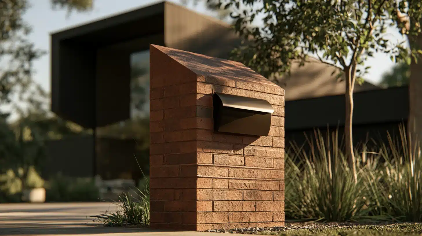 A brick mailbox with a curved silhouette stands in front of a house, showcasing its unique design and structure.