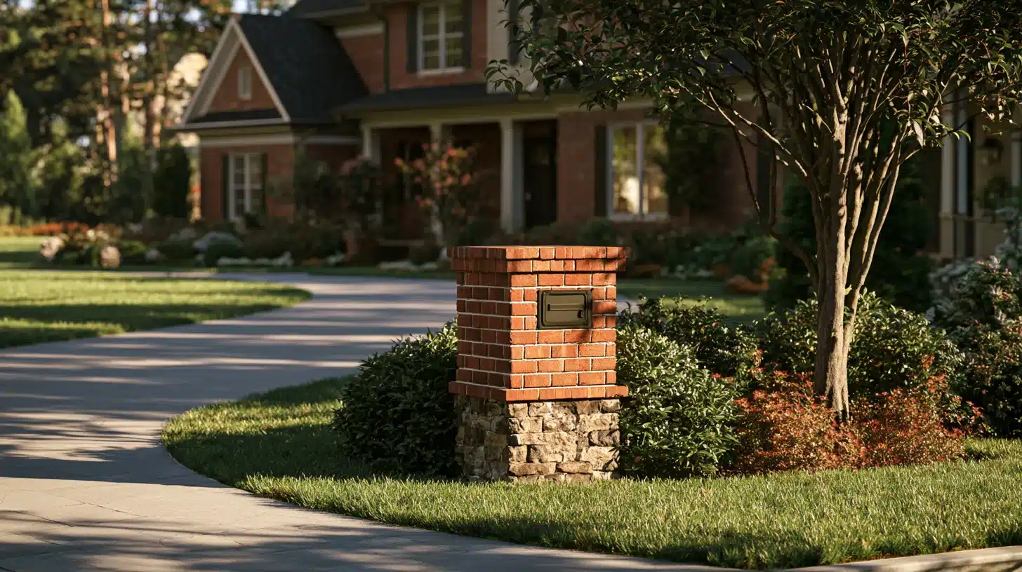 A brick mailbox with a stone base stands in front of a house, with a tree visible in the background.