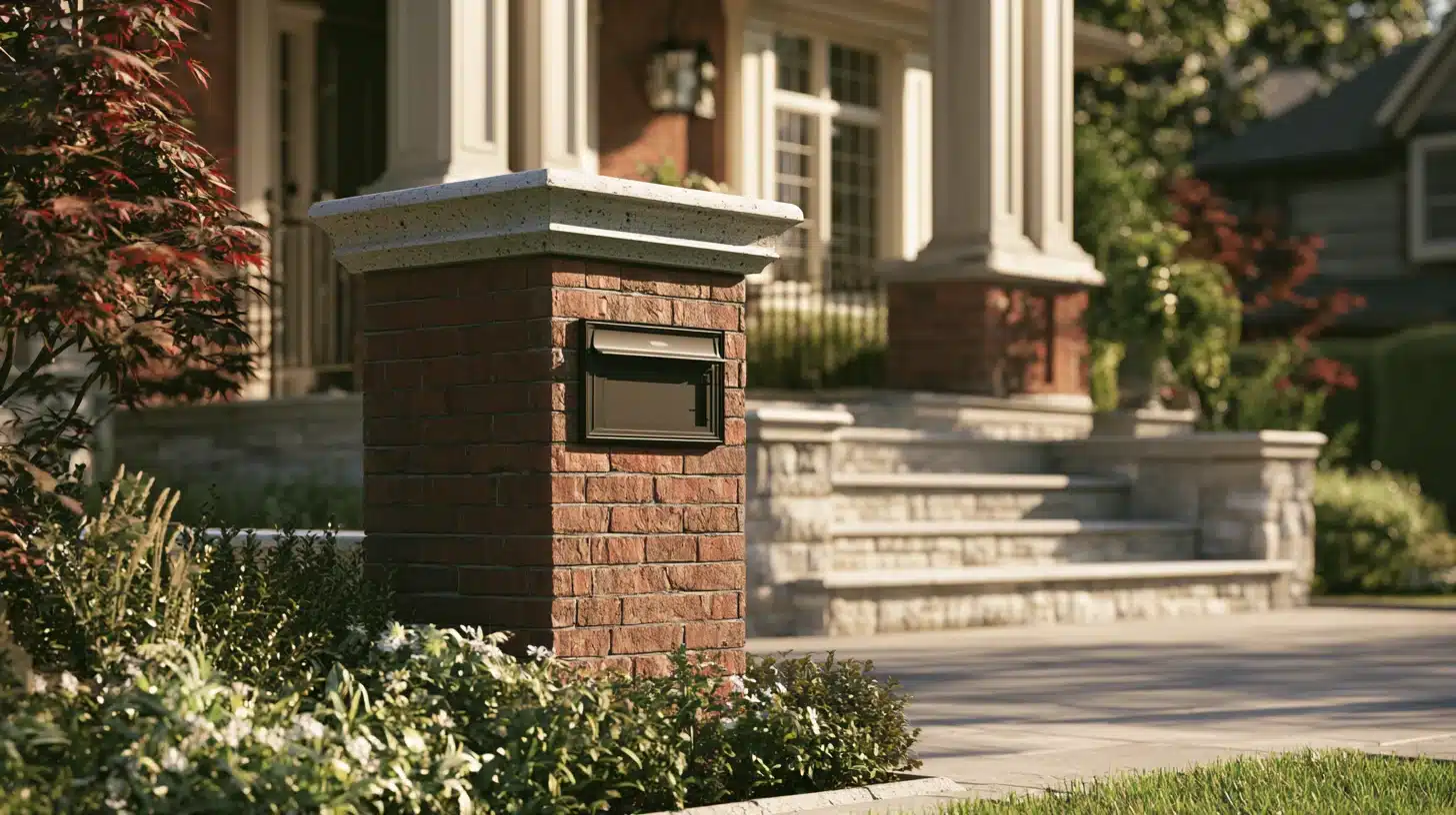 A brick mailbox with a stone cap stands in front of a residential house, showcasing a classic design.