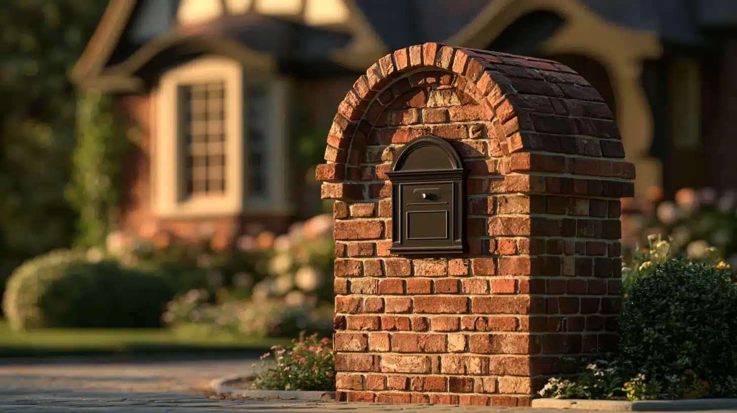 A brick mailbox with an arched top stands in front of a residential house, showcasing its sturdy design.