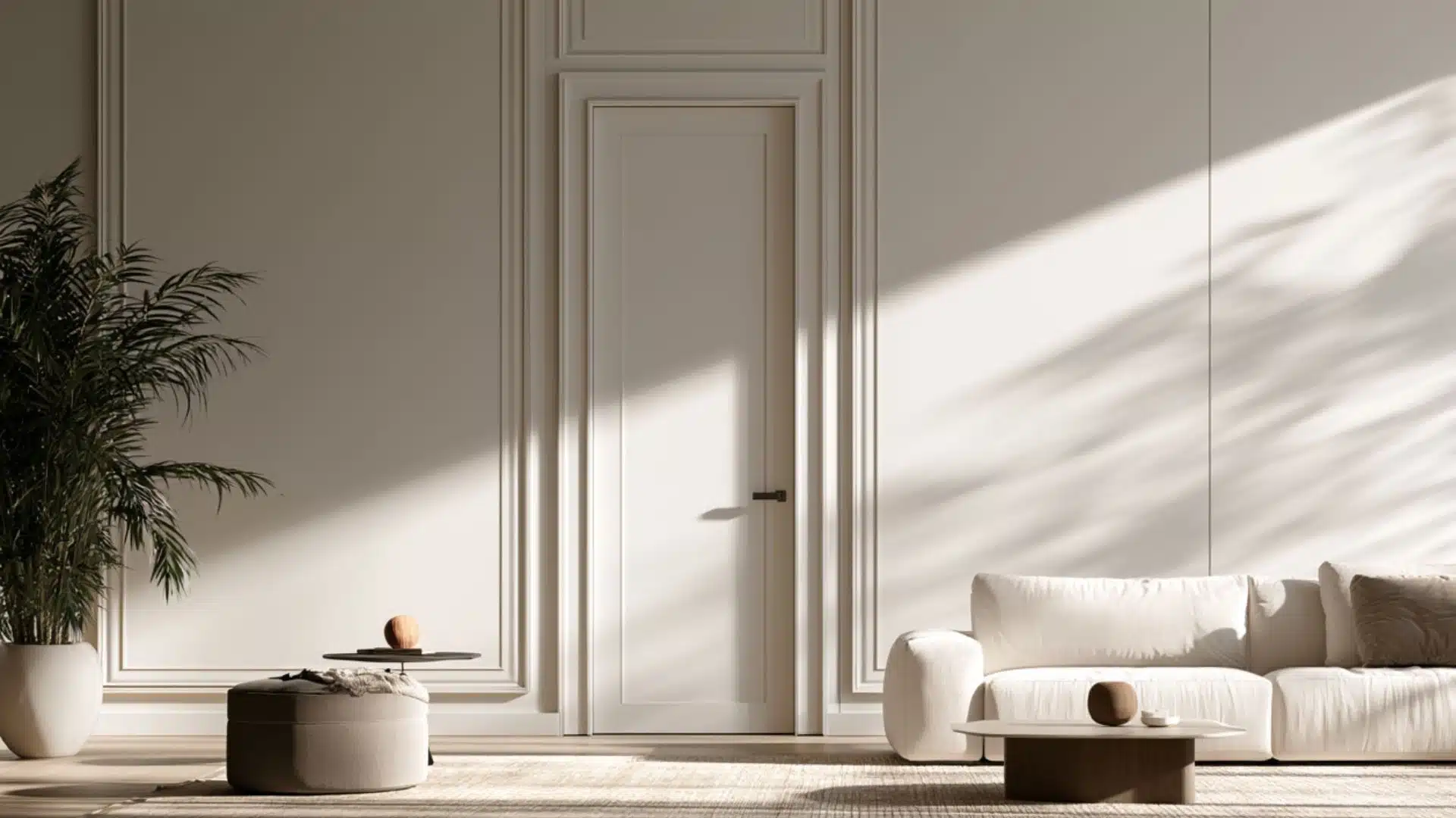 A bright living room featuring white walls and a large window allowing natural light to fill the space.