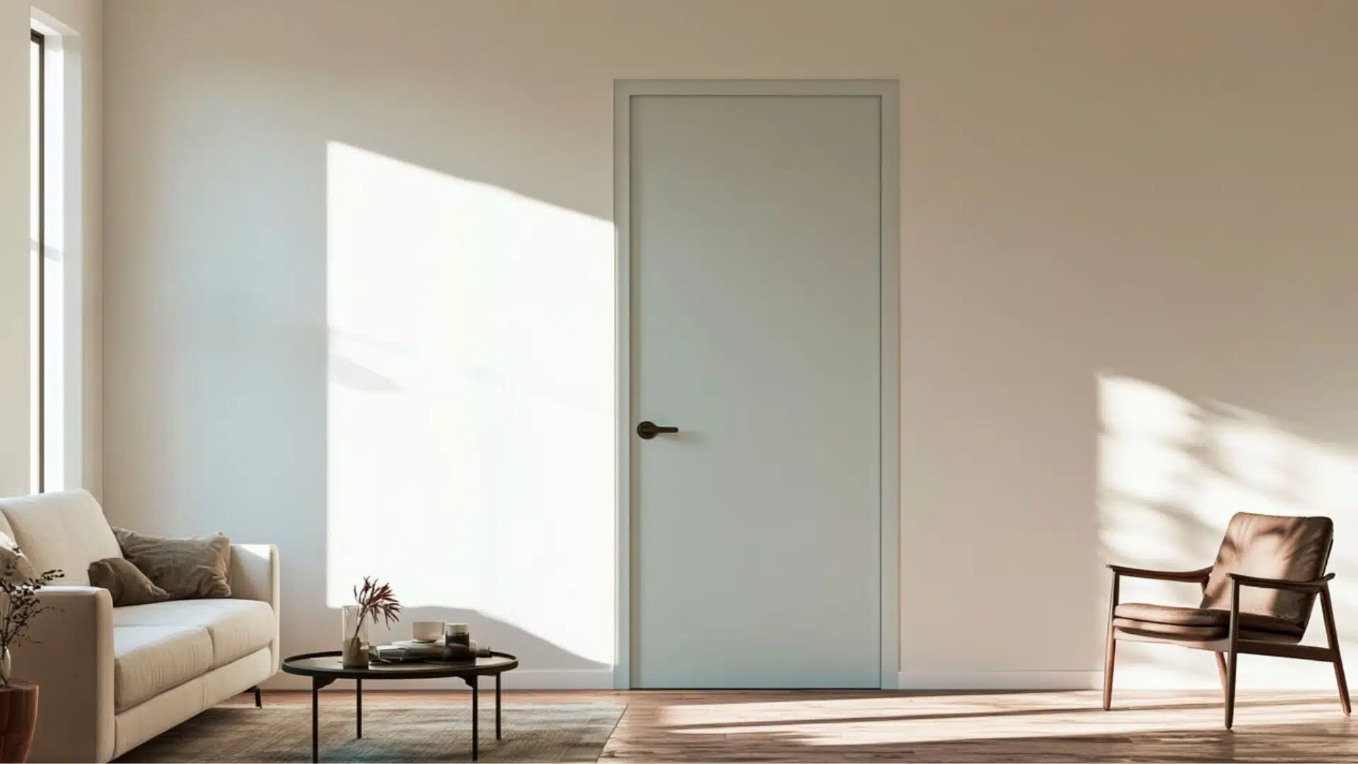 A bright living room showcasing a pastel door and a stylish couch, emphasizing a modern interior design.
