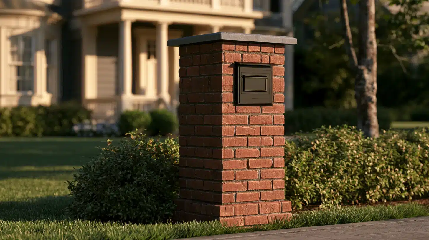 A classic red brick mailbox with a clean cap stands in front of a house, showcasing its sturdy design and vibrant color.
