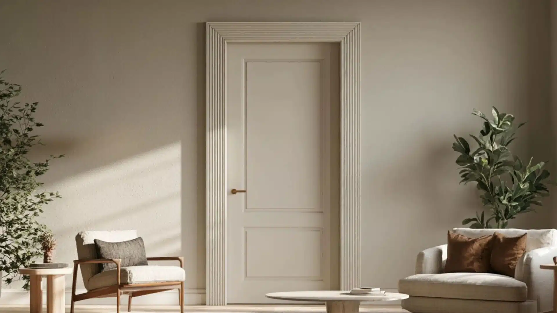 A closed paneled door is centered between a lounge chair and sofa, with potted plants and a low coffee table in a beige room.