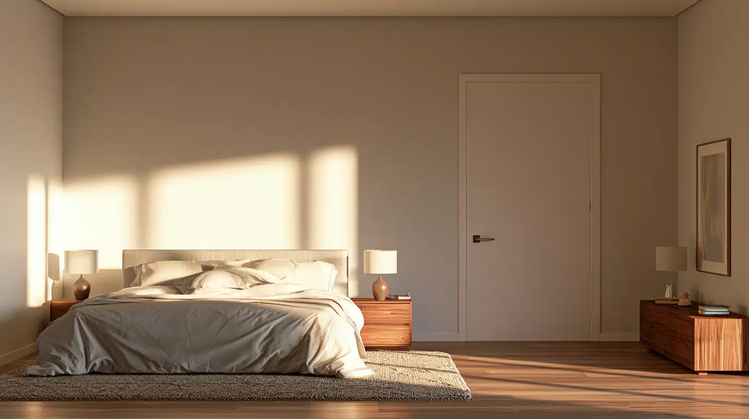 A cozy bedroom featuring a neatly made bed and a large window allowing natural light to enter.