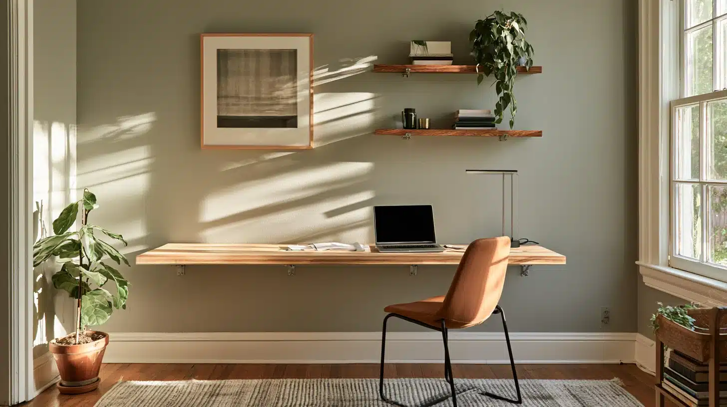 A cozy home office setup with a desk, comfortable chair, and a laptop, illuminated by natural light from a nearby window.