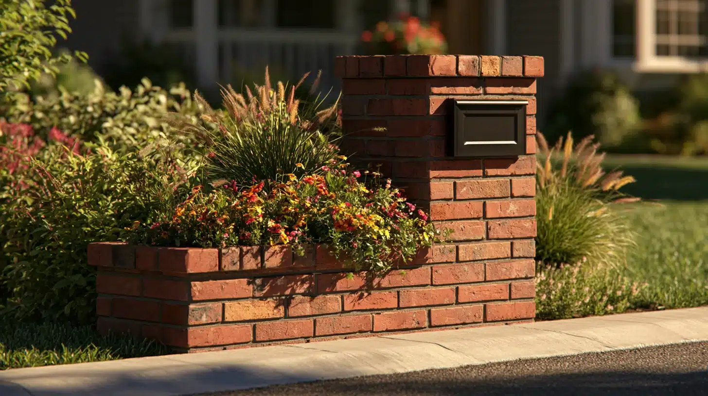 A decorative brick mailbox with a built-in flower box, showcasing vibrant flowers that add charm to the entrance.