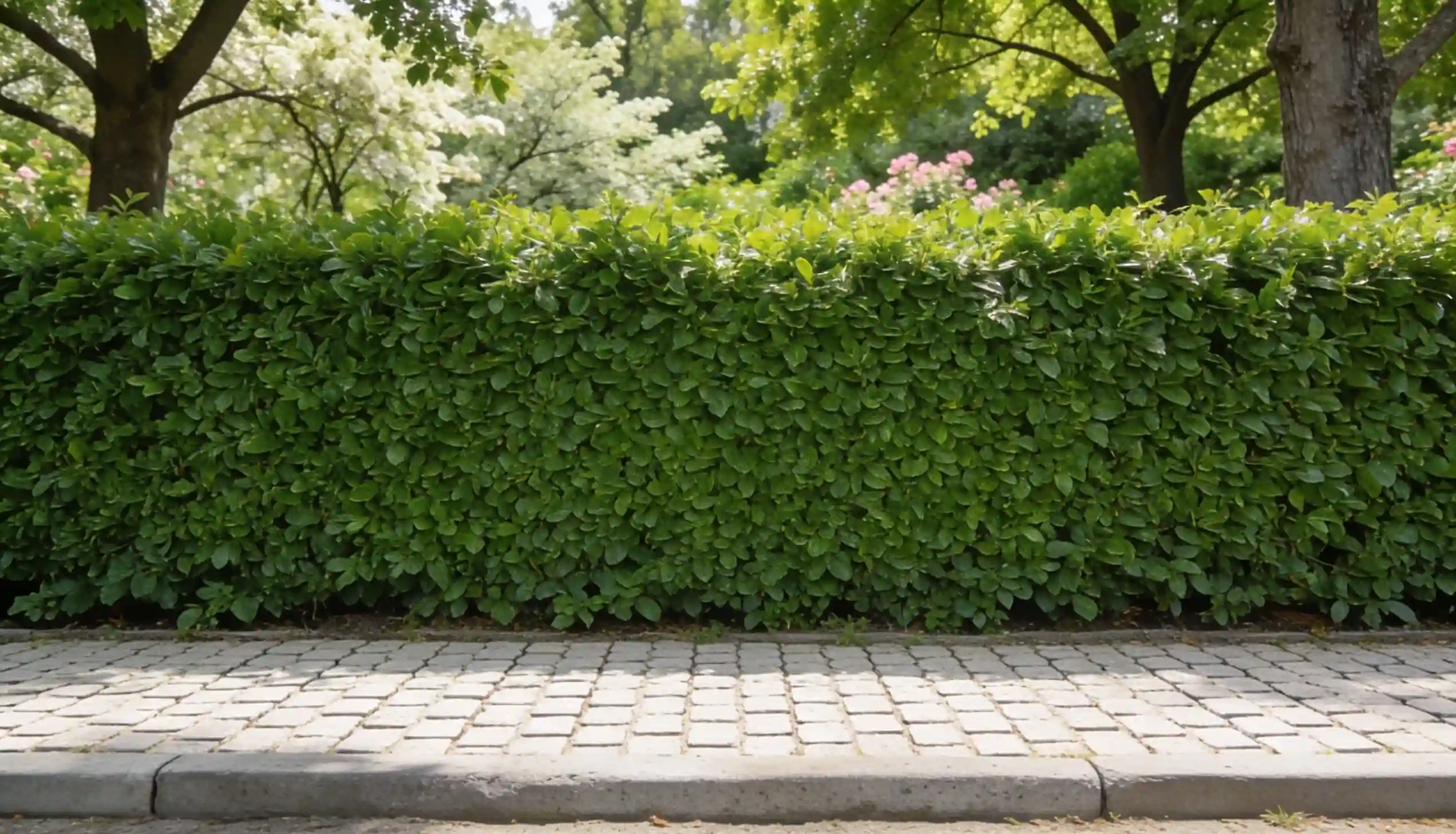 A dense green hedge borders a grey concrete sidewalk with square pavers.