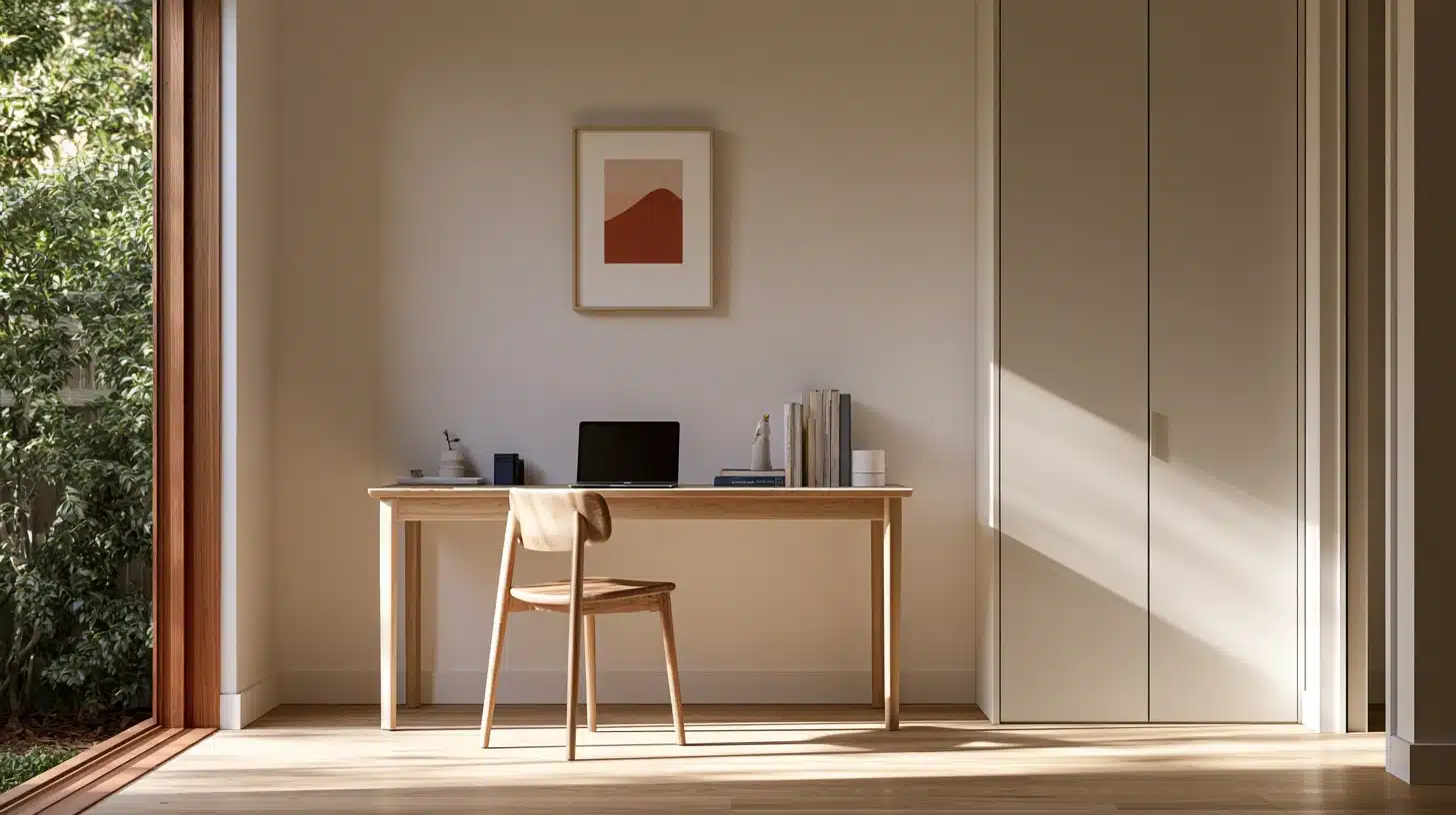 A desk and chair positioned in a room, featuring a window that allows natural light to enter.