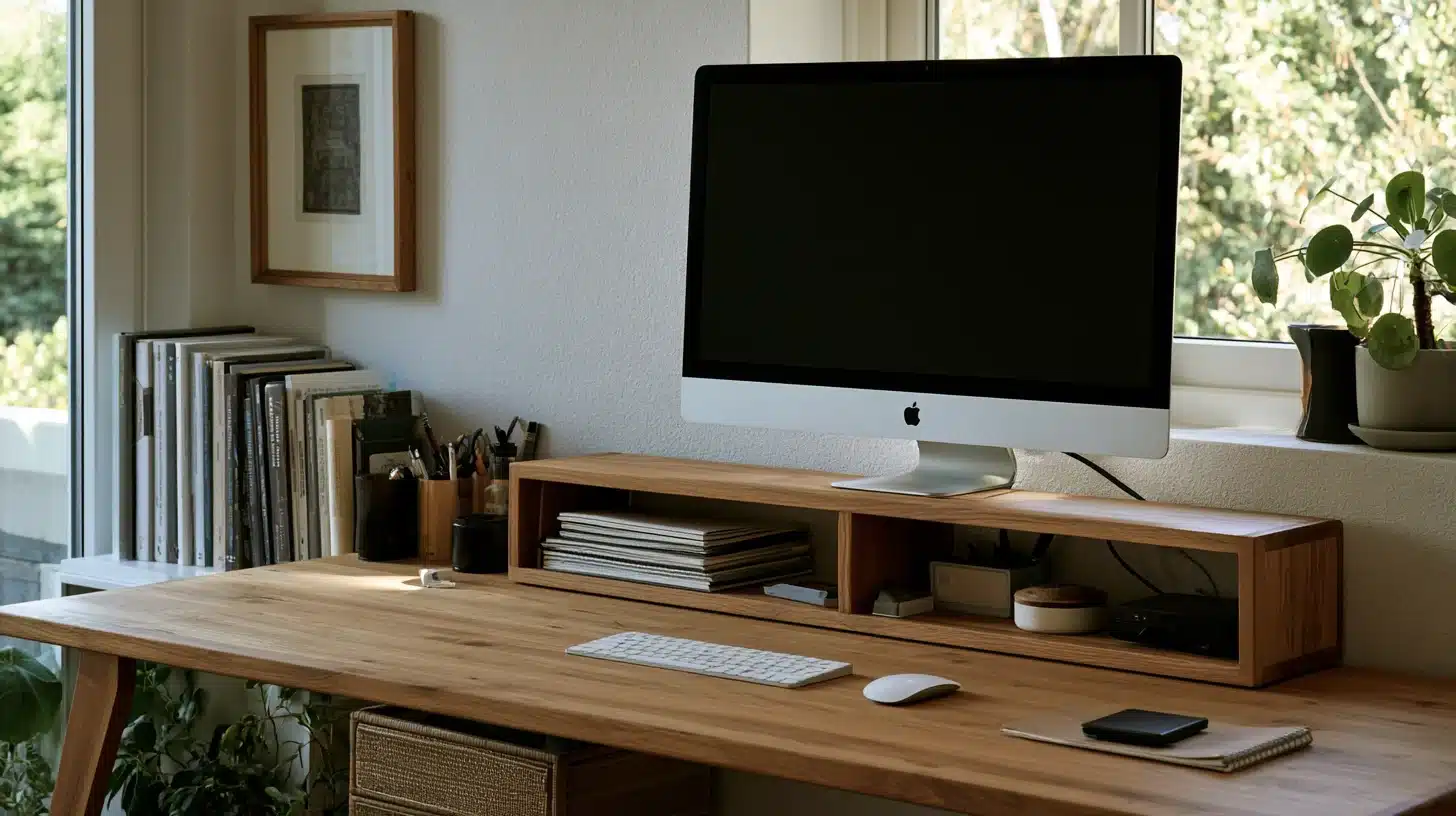 A desk featuring a computer monitor, keyboard, and mouse arranged for work or study purposes.