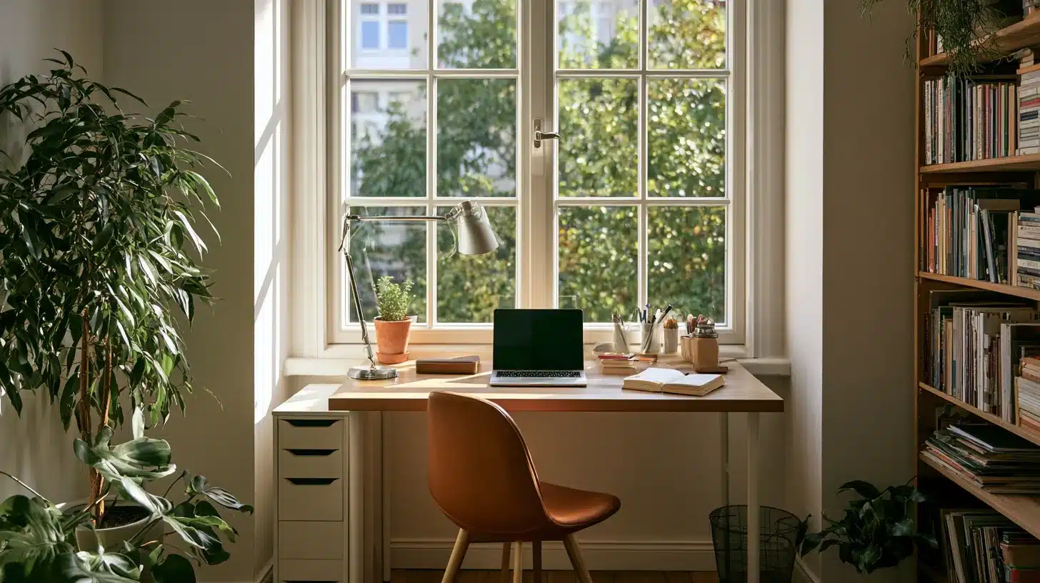 A desk featuring a laptop and several stacked books, creating a study or work environment.