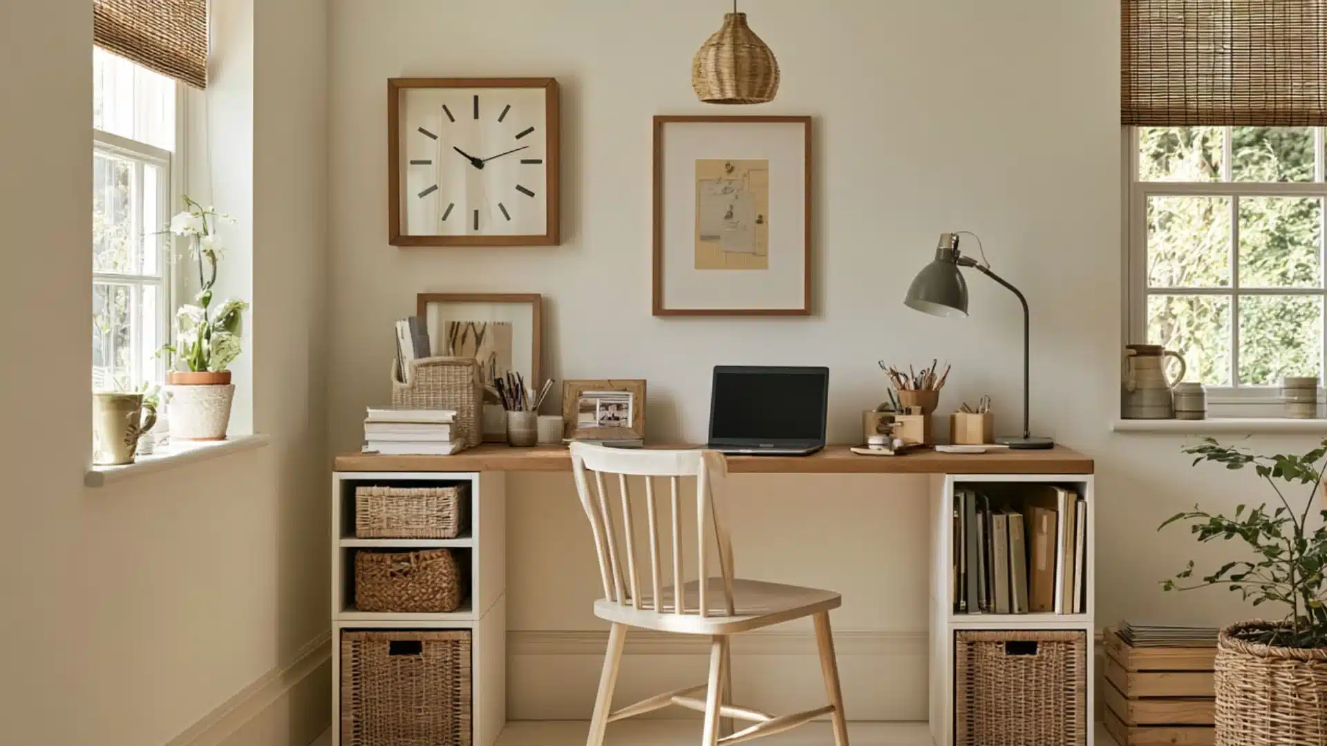 A home office featuring a desk, a chair, and a wall clock, creating a functional workspace environment.