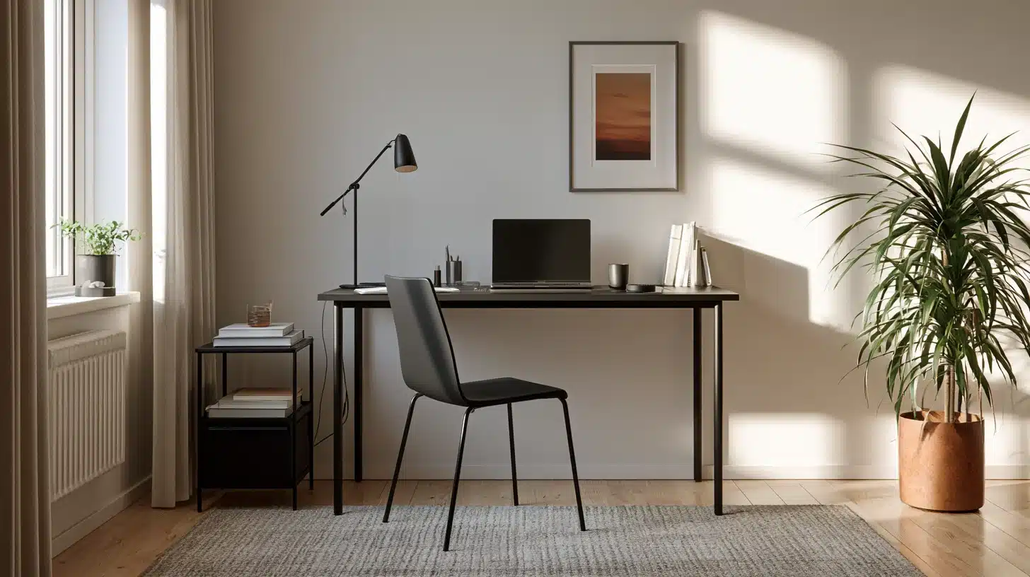 A home office featuring a desk, a chair, and a potted plant, creating a cozy and productive workspace.