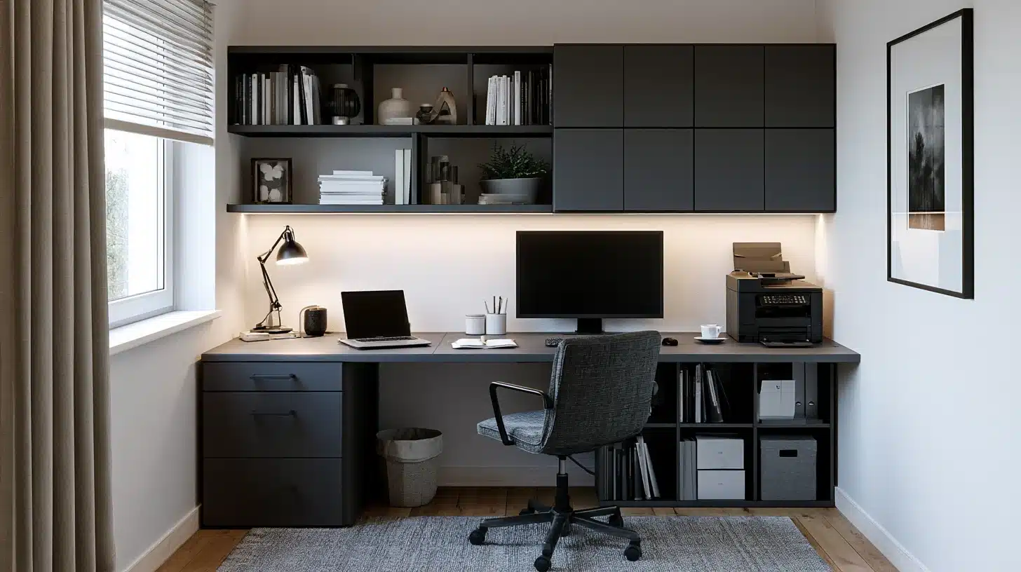 A home office featuring a desk, ergonomic chair, and a computer setup for remote work.
