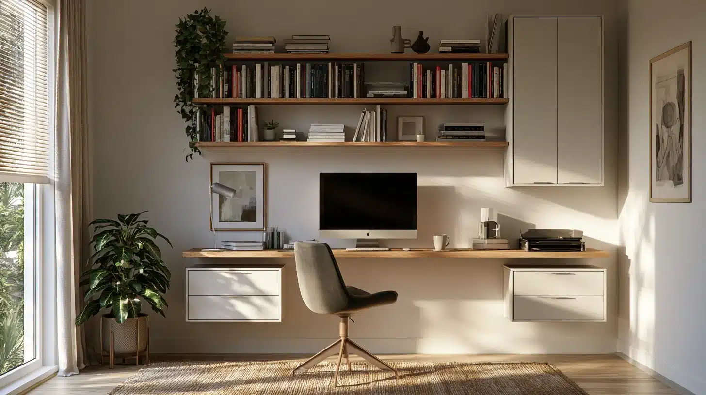 A home office featuring a desk, ergonomic chair, and bookshelves filled with books and decorative items.