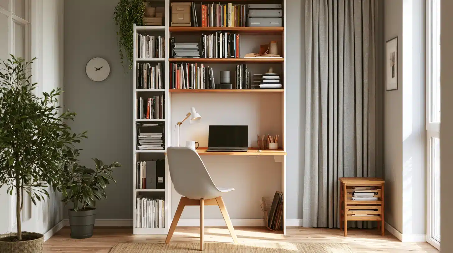 A home office featuring a desk, ergonomic chair, and a bookshelf filled with books and decorative items.