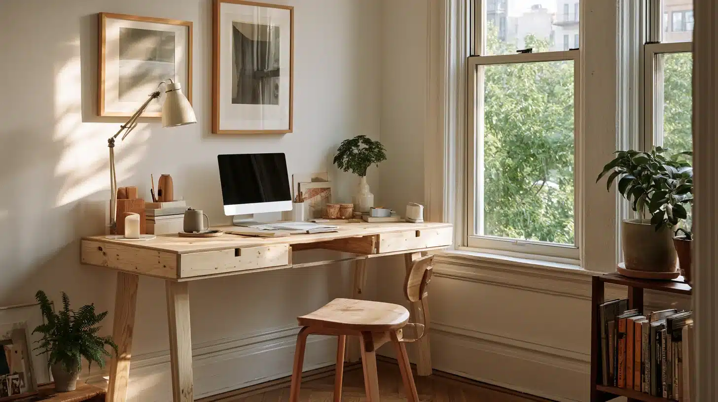 A home office featuring a desk with a chair, organized workspace, and natural light from a nearby window.