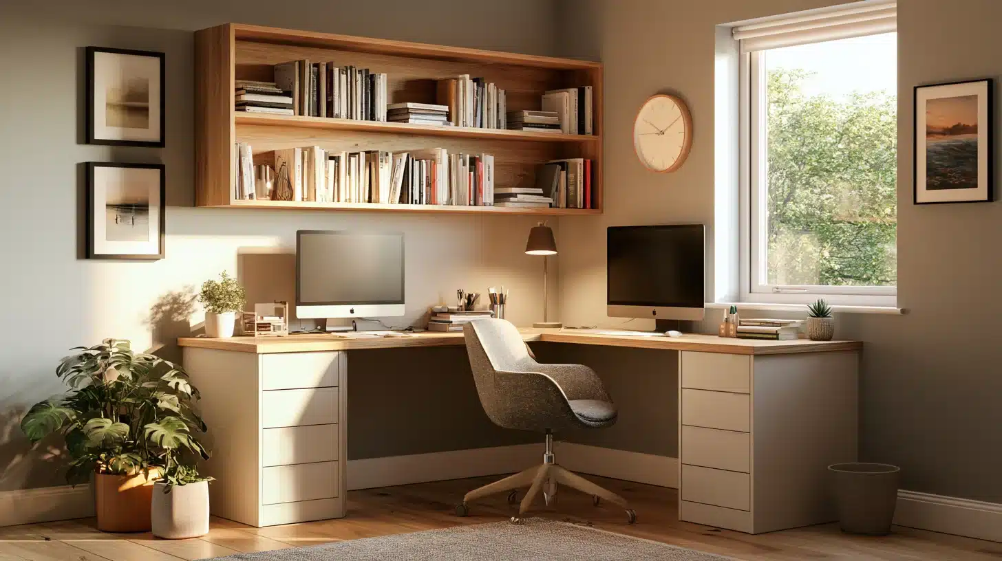 A home office featuring a desk with a computer and bookshelves filled with books and decorative items.