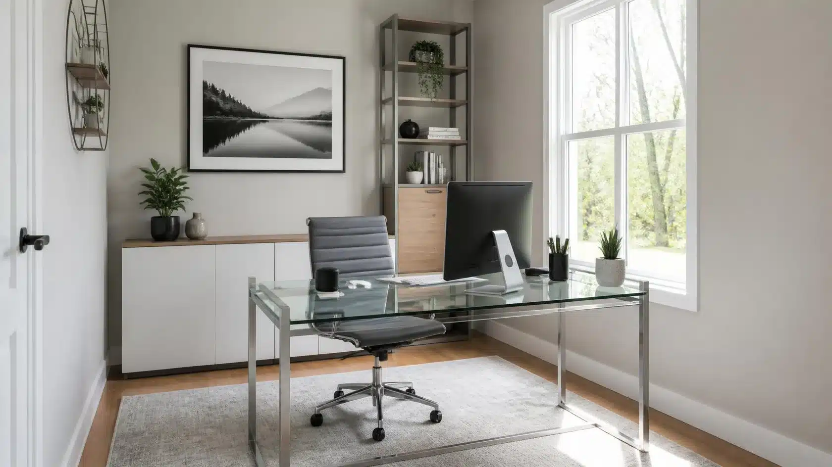 A home office featuring a glass desk, chair, and a window allowing natural light to enter the space.