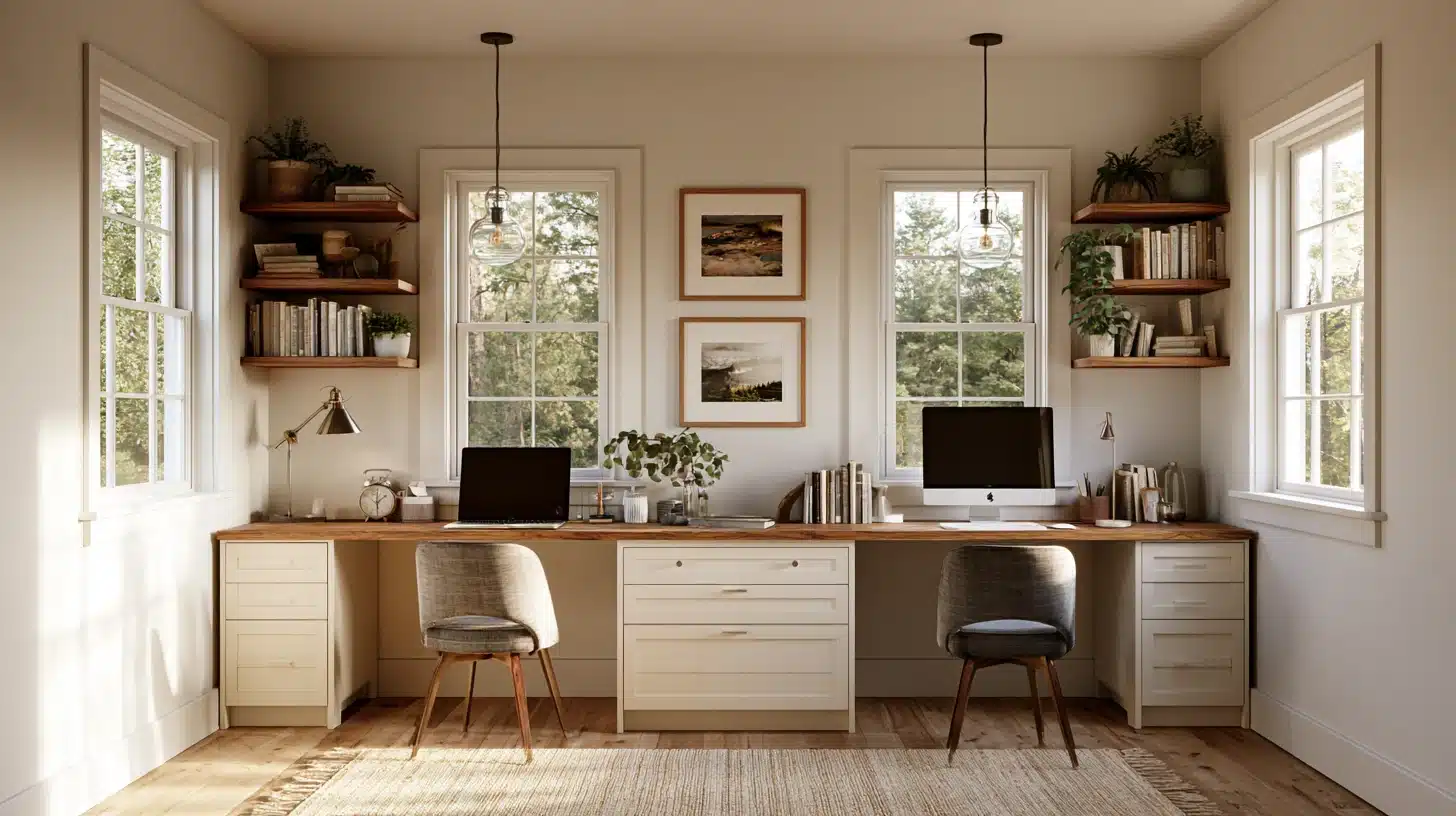 A home office featuring two desks positioned near a window, providing natural light and a spacious work environment.