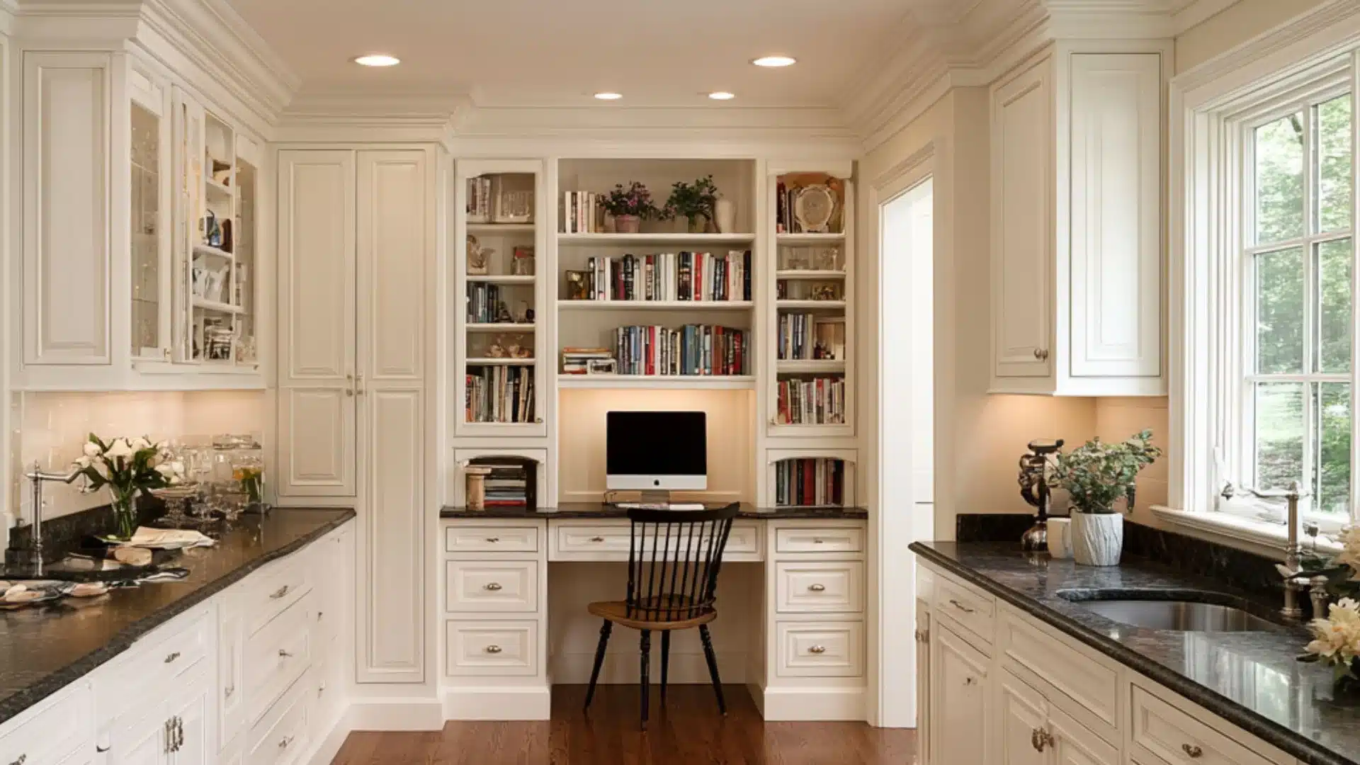 A kitchen featuring a desk and bookshelves, showcasing a functional workspace within a home environment.